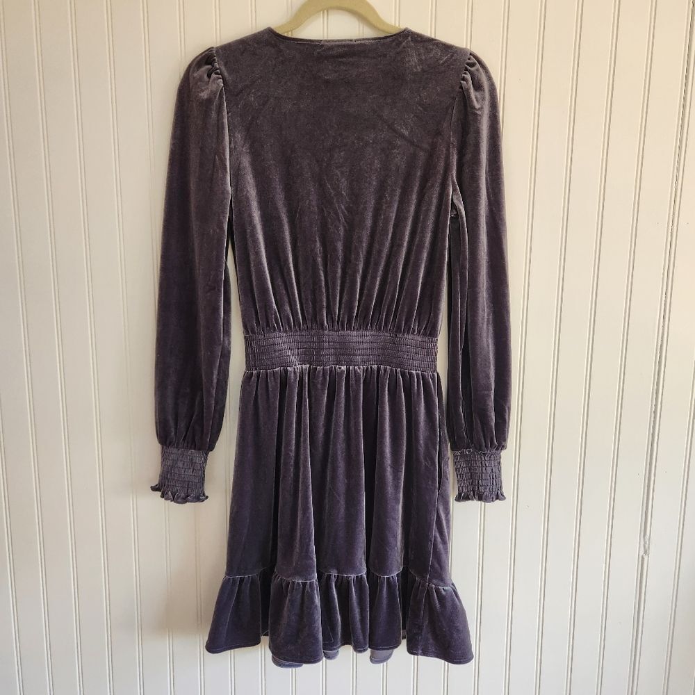NEW EVEREVE Blue Gray 'Fiona' Velvet Ruffle Long Sleeve Mini Dress size XS - Picture 5 of 7